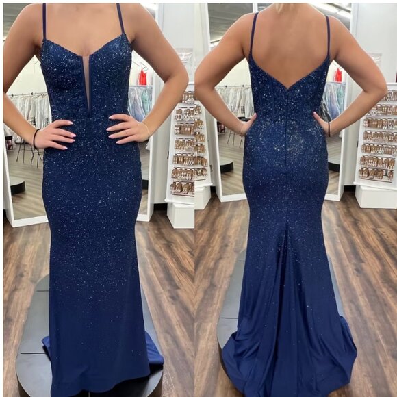 SHERRI HILL #55519 navy blue crystal embellished corset fitted gown - Picture 1 of 13